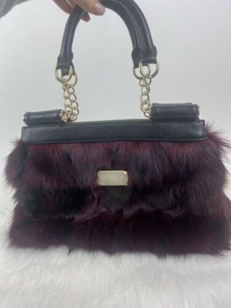 DELLA STELLA Italian Chic Faux Rabbit Fur Purse Tote Red Black Vegan Leather